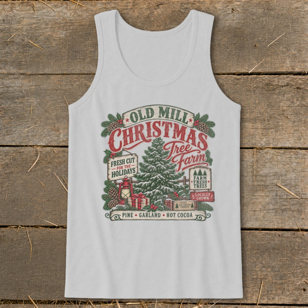 White tank top with Old Mill Christmas Tree Farm graphic and holiday imagery.