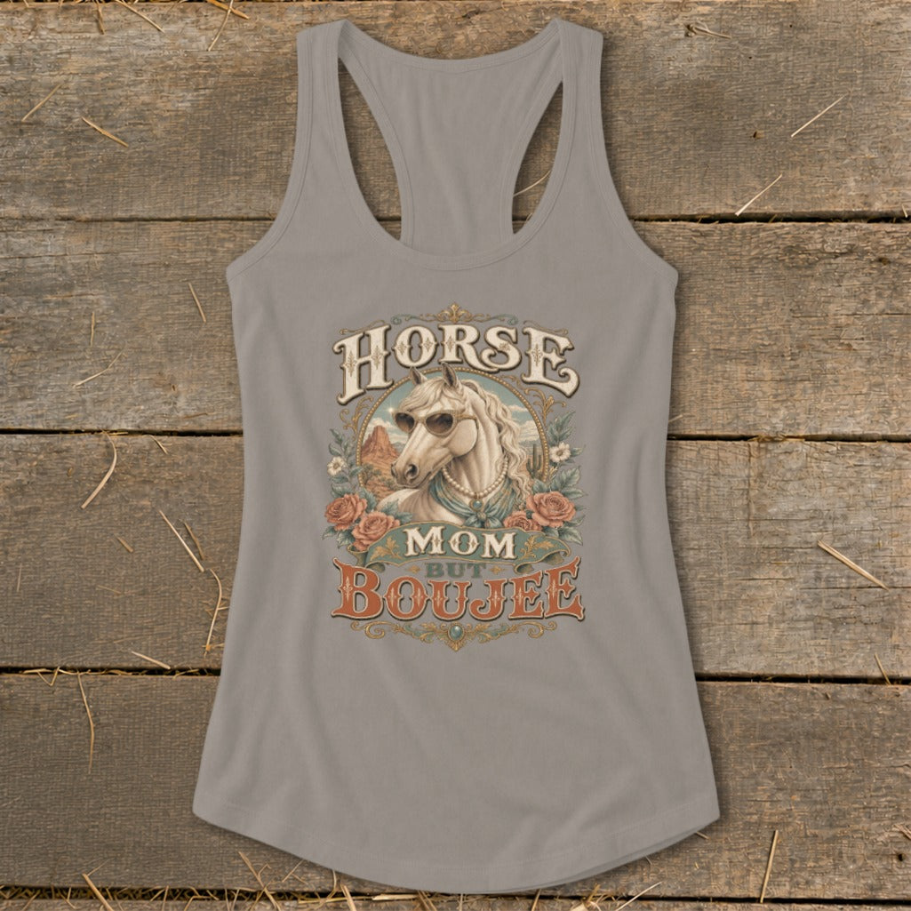 Grey tank top with "Horse Mom But Boujee" graphic featuring a horse wearing sunglasses.