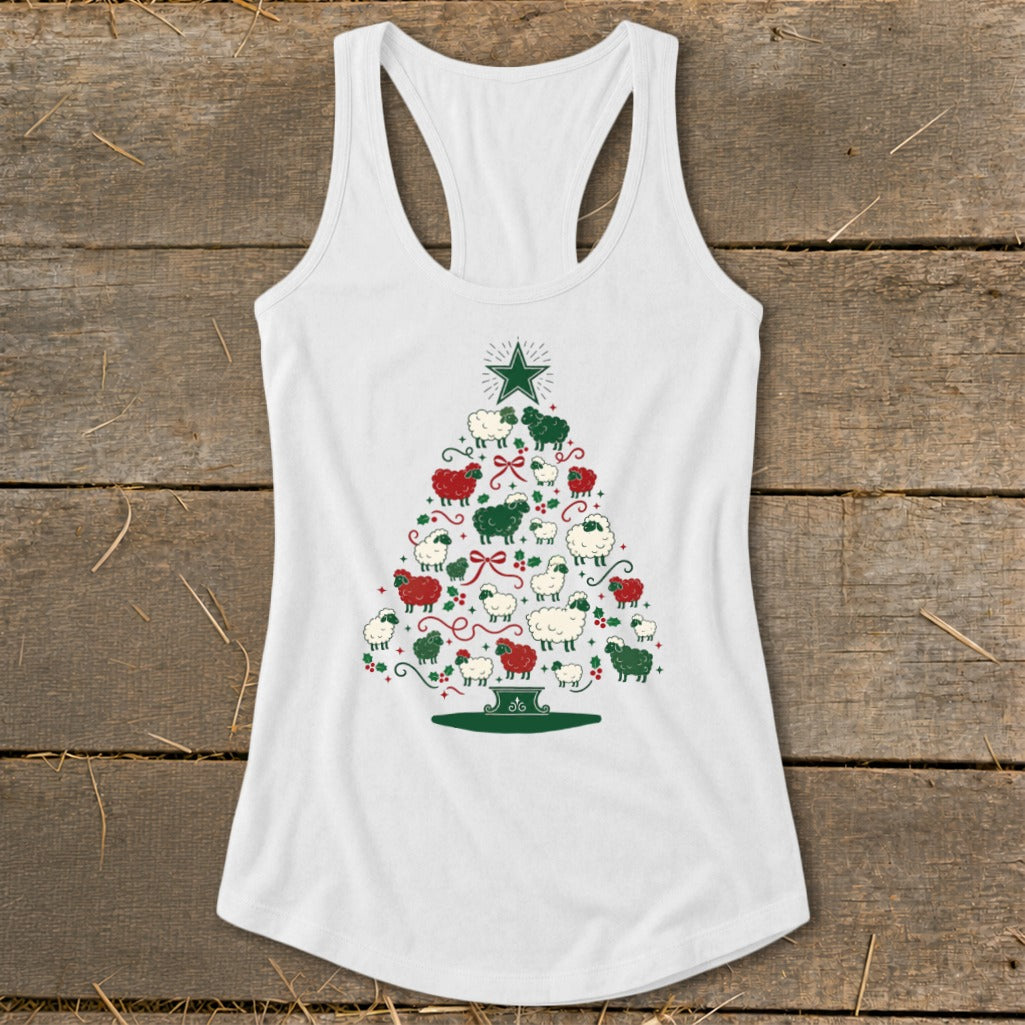 White tank top with Christmas tree made of red, green, and white sheep.