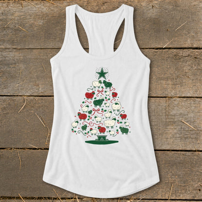 White tank top with Christmas tree made of red, green, and white sheep.