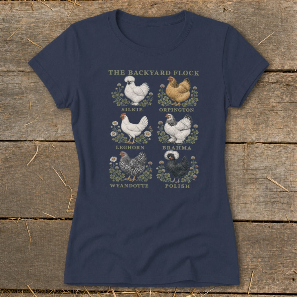 T-shirt graphic "The Backyard Flock" featuring six chicken breeds with their names.