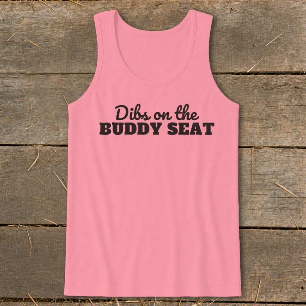 Pink tank top with "Dibs on the BUDDY SEAT" text.