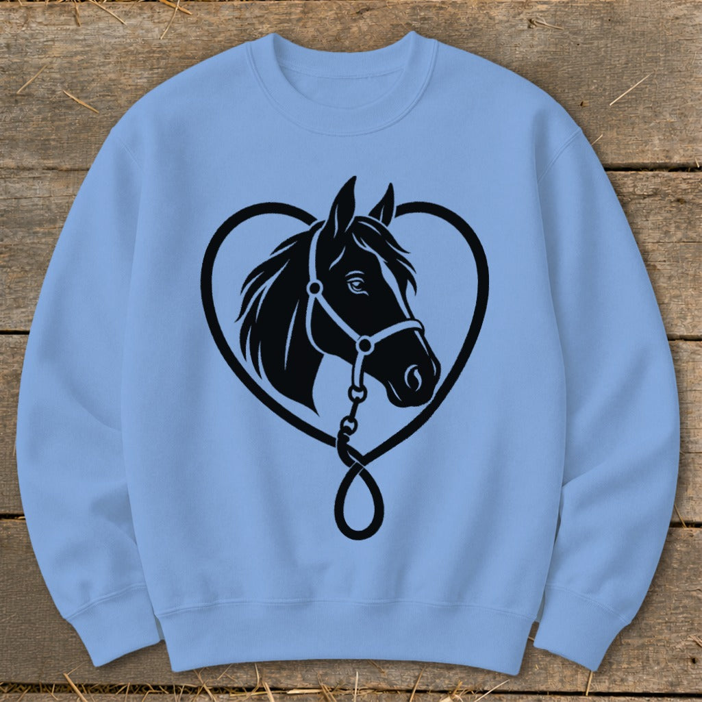 Light blue crewneck sweatshirt featuring a black graphic of a horse head inside a heart.
