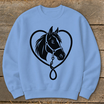 Light blue crewneck sweatshirt featuring a black graphic of a horse head inside a heart.