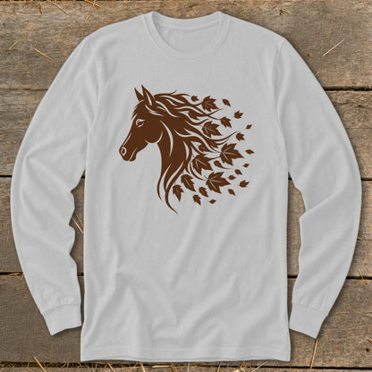 Brown horse head silhouette with flowing mane made of leaves on a light gray long-sleeve shirt.