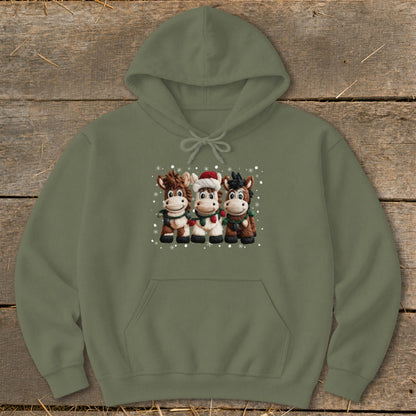 Olive green hoodie with three cartoon horses wearing Christmas lights and scarves.