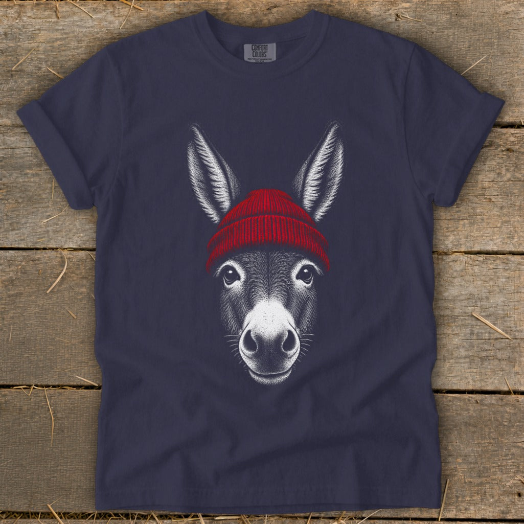 A dark blue t-shirt with a graphic of a donkey wearing a red beanie.