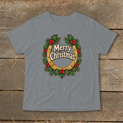 Grey t-shirt with a horseshoe wreath that says "Merry Christmas".