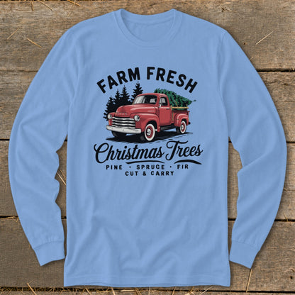 Red vintage truck hauling Christmas trees, text reads "Farm Fresh Christmas Trees".