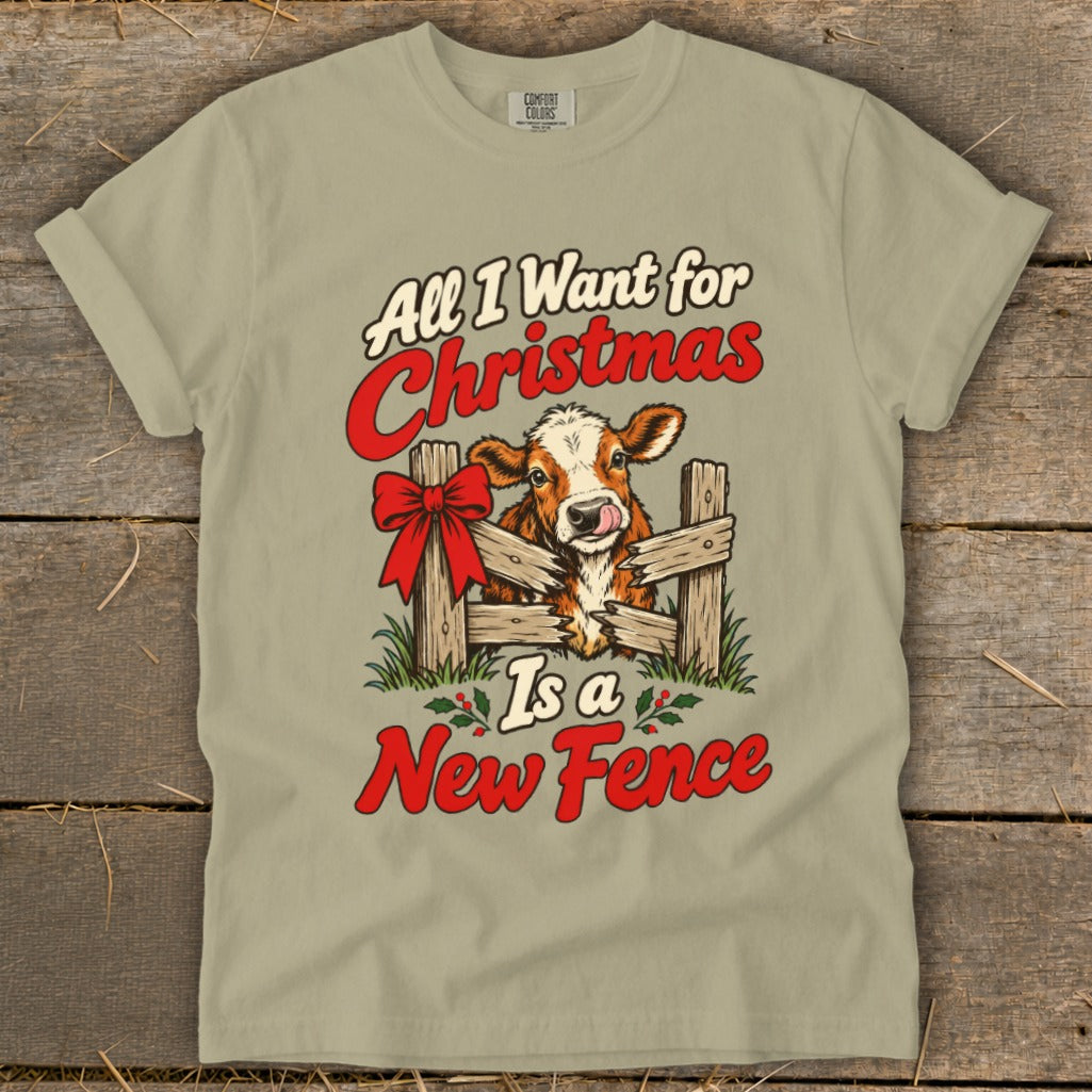 Cow peeking over fence with text "All I Want for Christmas Is a New Fence".