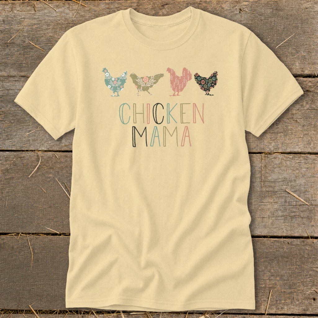 Light yellow t-shirt with "Chicken Mama" text and four floral patterned chickens.