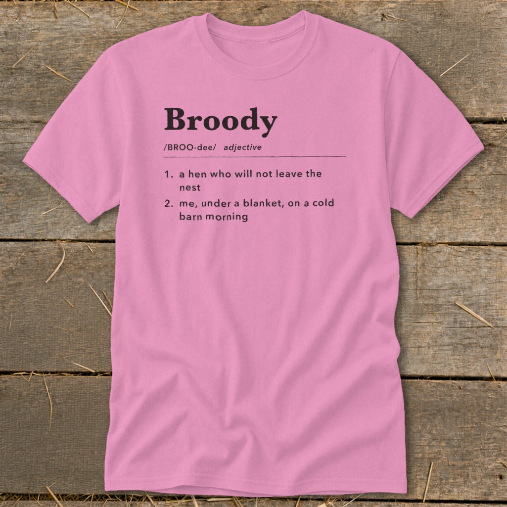 Pink t-shirt with "Broody" definition: a hen, or me under a blanket.