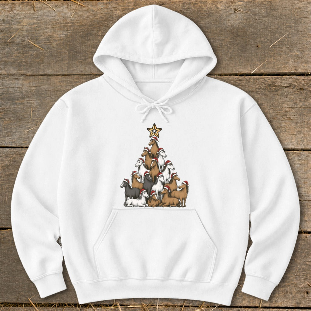 White hoodie with a Christmas tree made of horses wearing Santa hats.