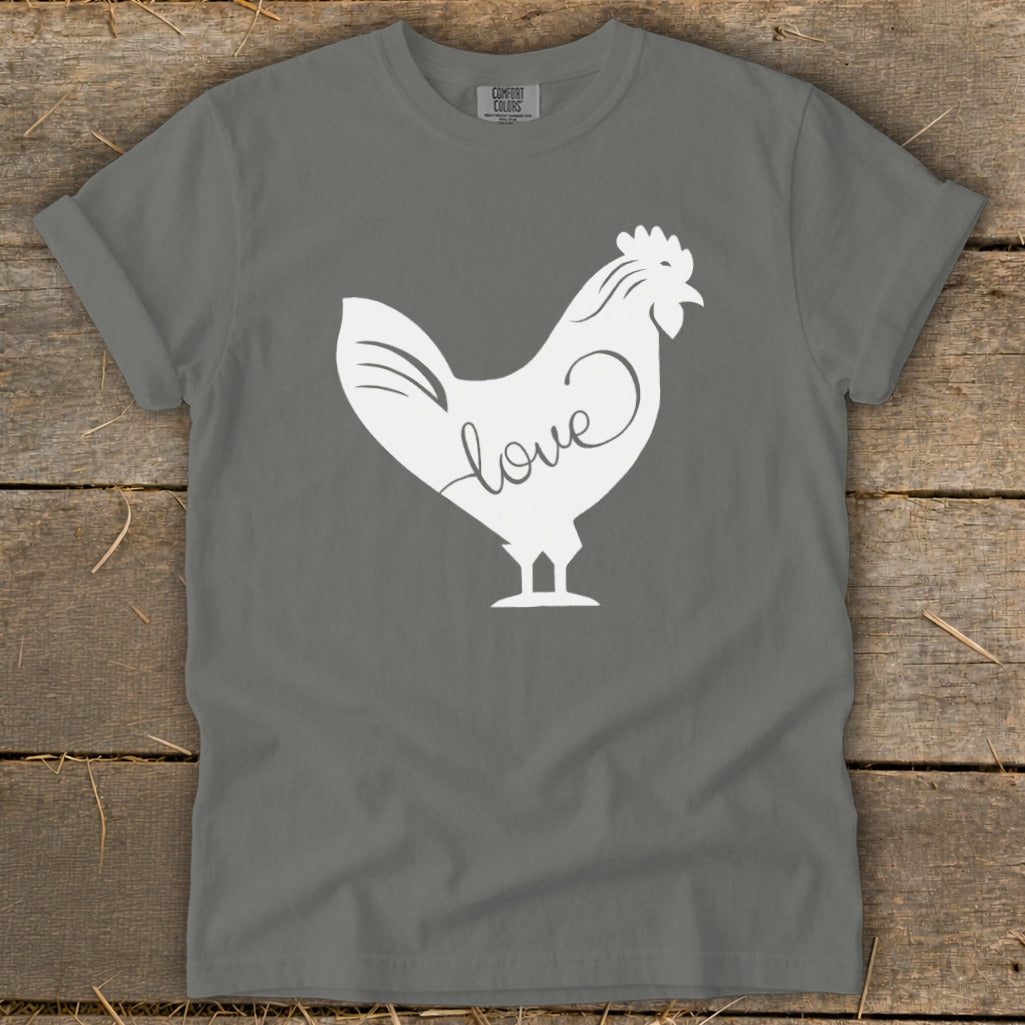 Grey t-shirt with white rooster graphic and "love" text.