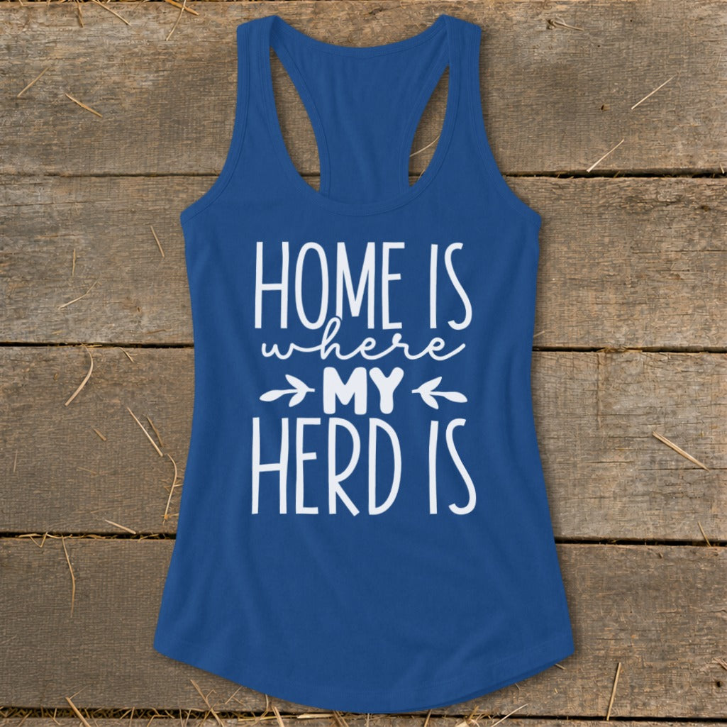Blue tank top with white text "HOME IS where MY HERD IS".
