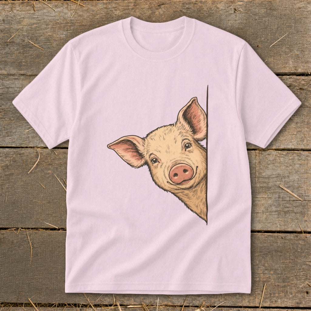 Pink t-shirt with a drawing of a pig peeking from the side.