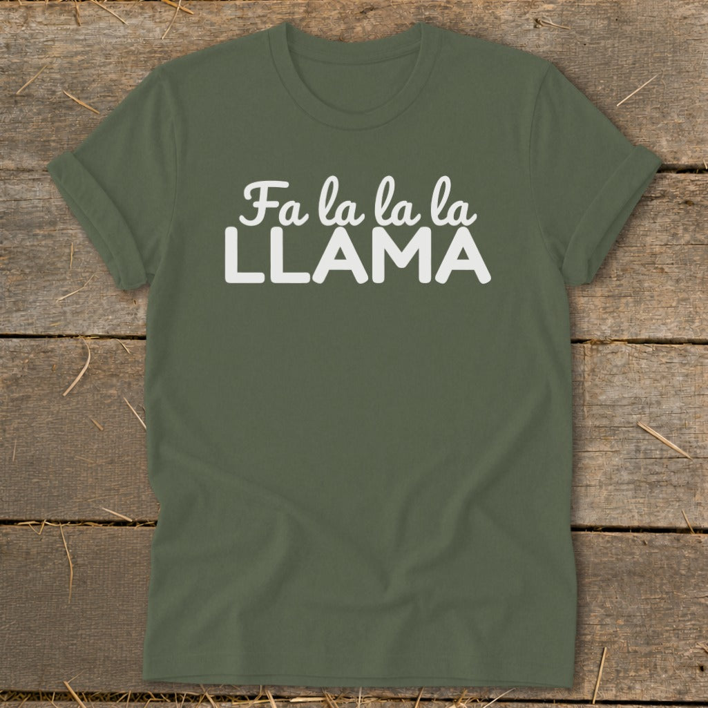 Olive green t-shirt with white text "Fa la la la LLAMA".
