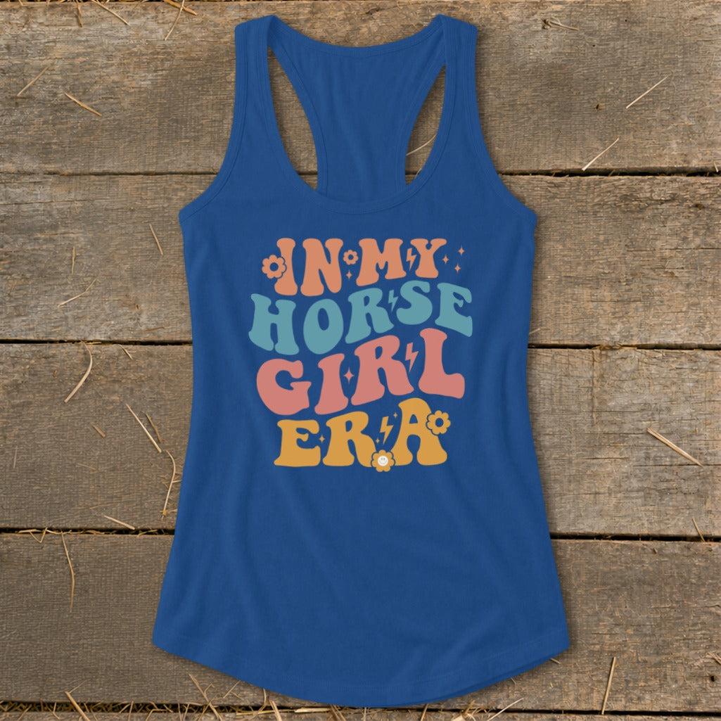 Blue racerback tank with "In My Horse Girl Era" text in colorful retro font.