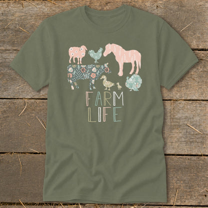 Olive green t-shirt with "FARM LIFE" text and floral farm animals.