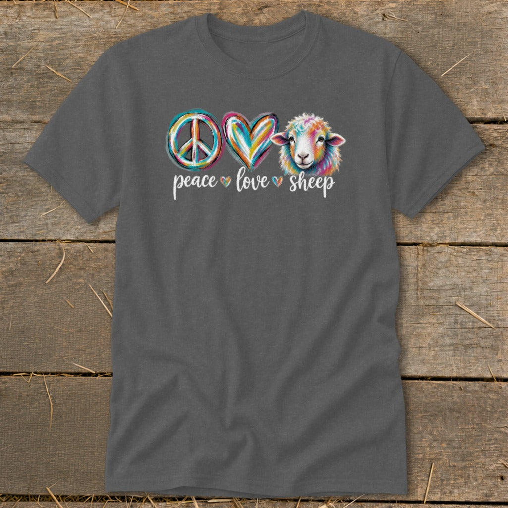 Dark grey t-shirt with peace, love, and sheep graphic and text.