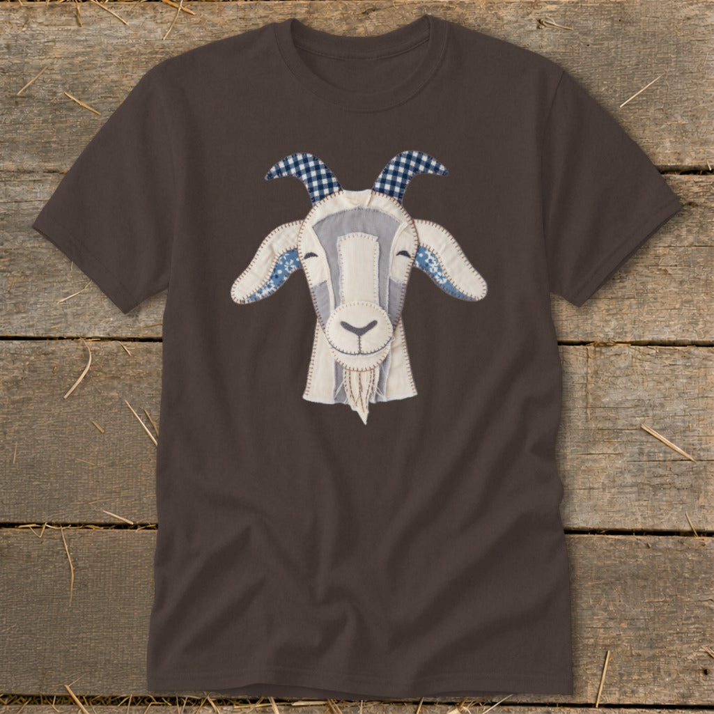 Brown t-shirt with a stitched goat face applique.