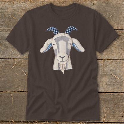 Brown t-shirt with a stitched goat face applique.