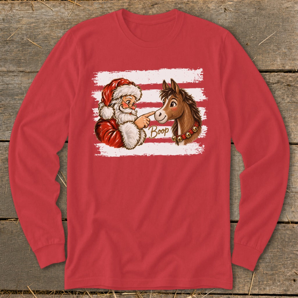 Santa booping a horse's nose with the word "Boop" on a red shirt.