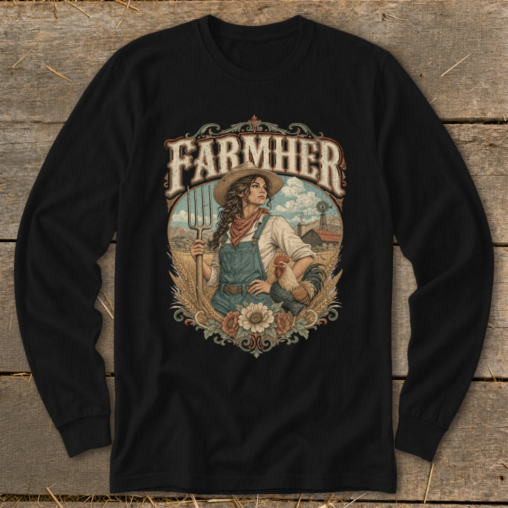 Black long-sleeve shirt with "FARMHER" text above a woman farmer with pitchfork and rooster.