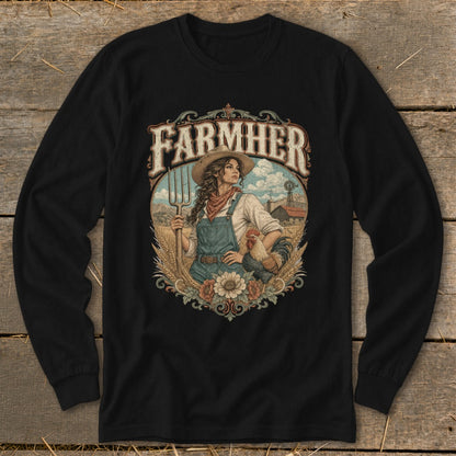 Black long-sleeve shirt with "FARMHER" text above a woman farmer with pitchfork and rooster.