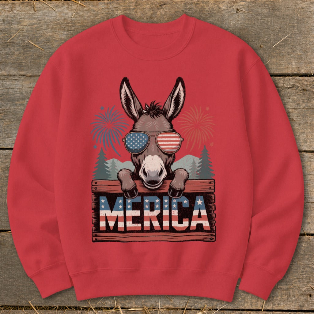 Donkey wearing American flag sunglasses holds wooden sign with "MERICA" text.