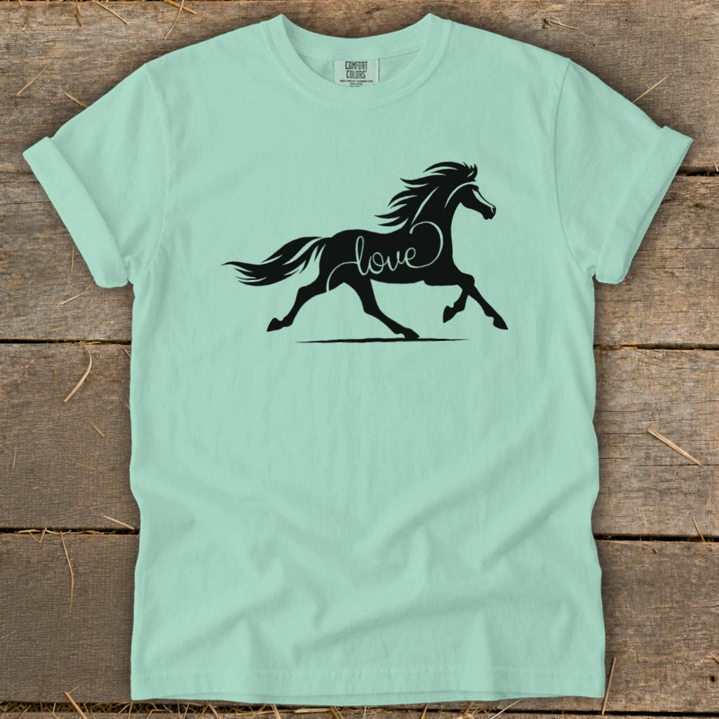 Light green t-shirt with black silhouette of a running horse and the word "love".