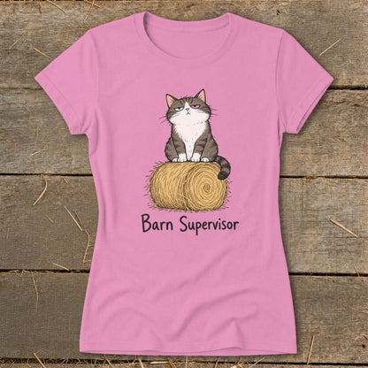 Pink t-shirt with cartoon cat sitting on hay bale, text "Barn Supervisor".