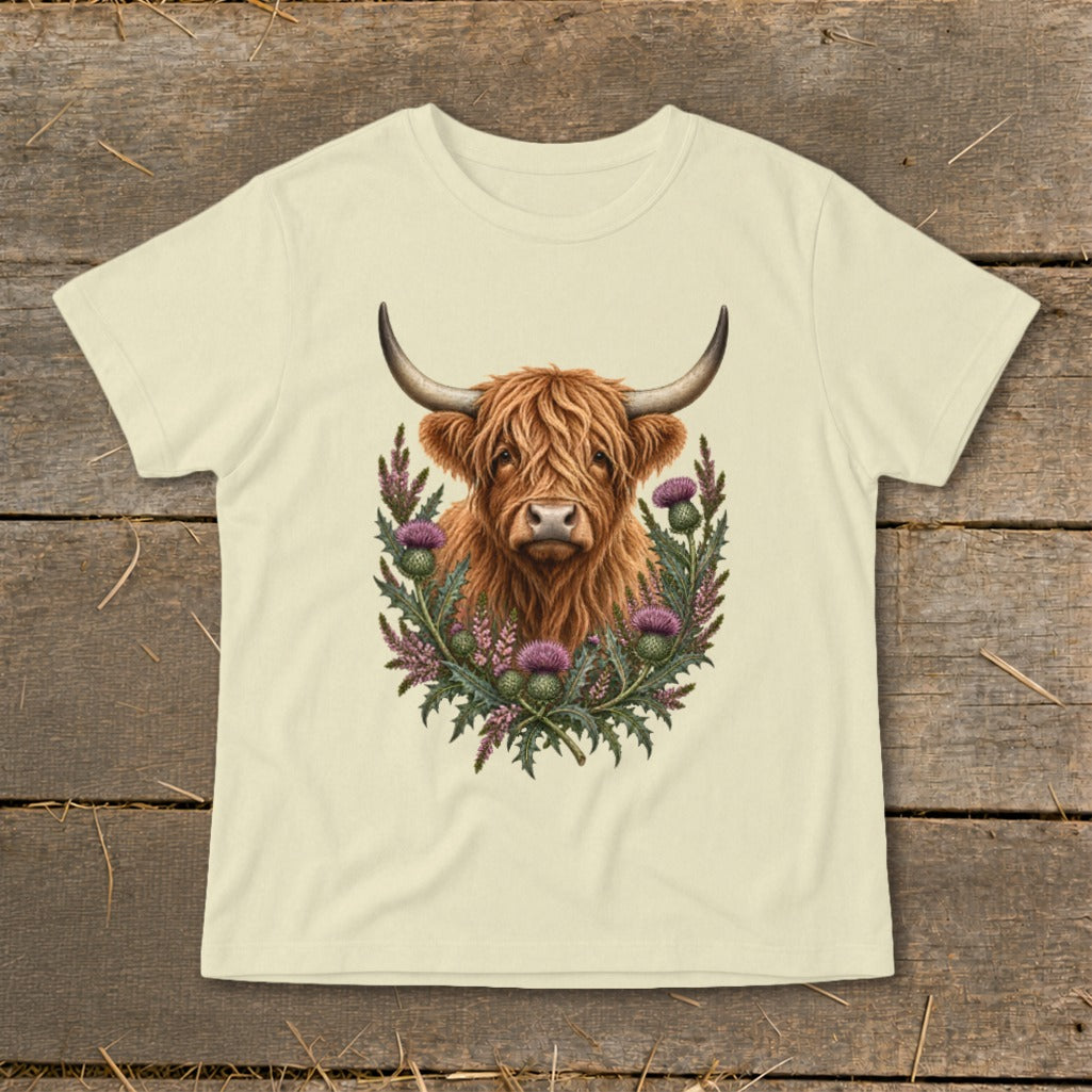 Cream t-shirt featuring a Highland cow head surrounded by thistles and foliage.