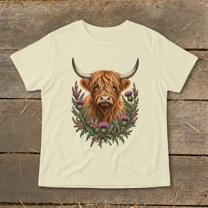 Cream t-shirt featuring a Highland cow head surrounded by thistles and foliage.