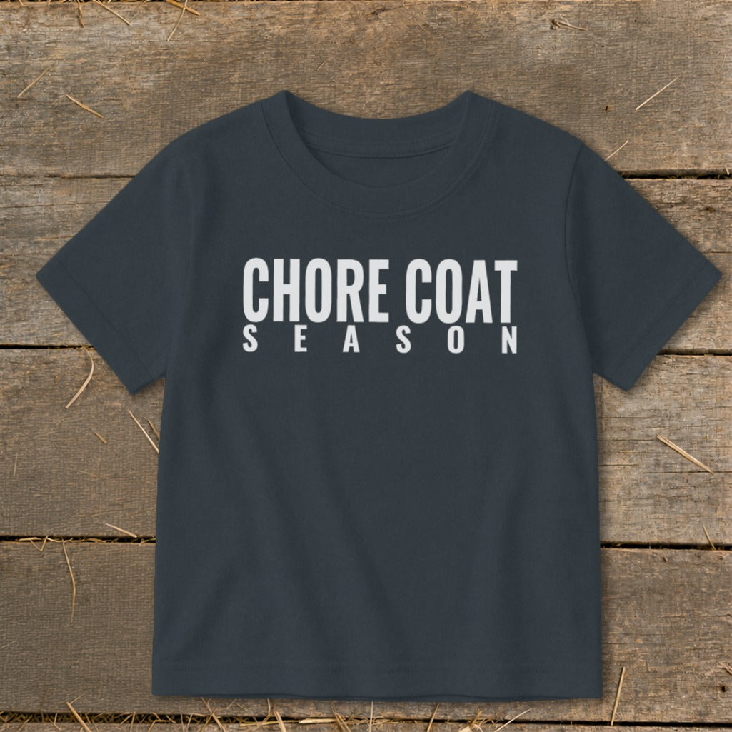 Dark grey t-shirt with "CHORE COAT SEASON" text in white.