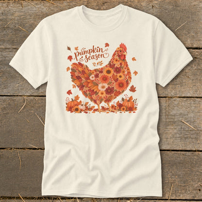 Cream t-shirt with a floral chicken and "pumpkin season" text.