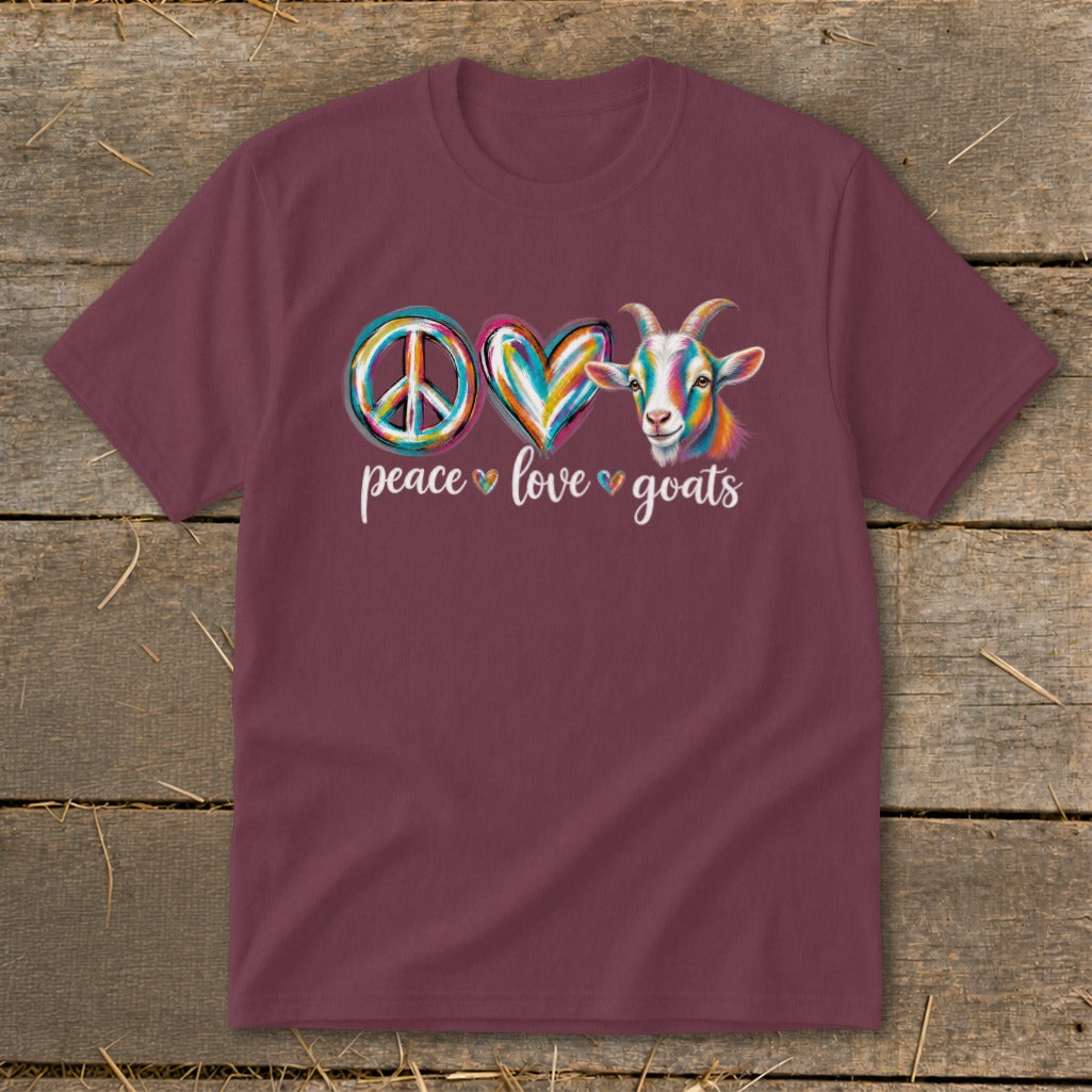 Maroon t-shirt with "peace love goats" text and colorful goat.
