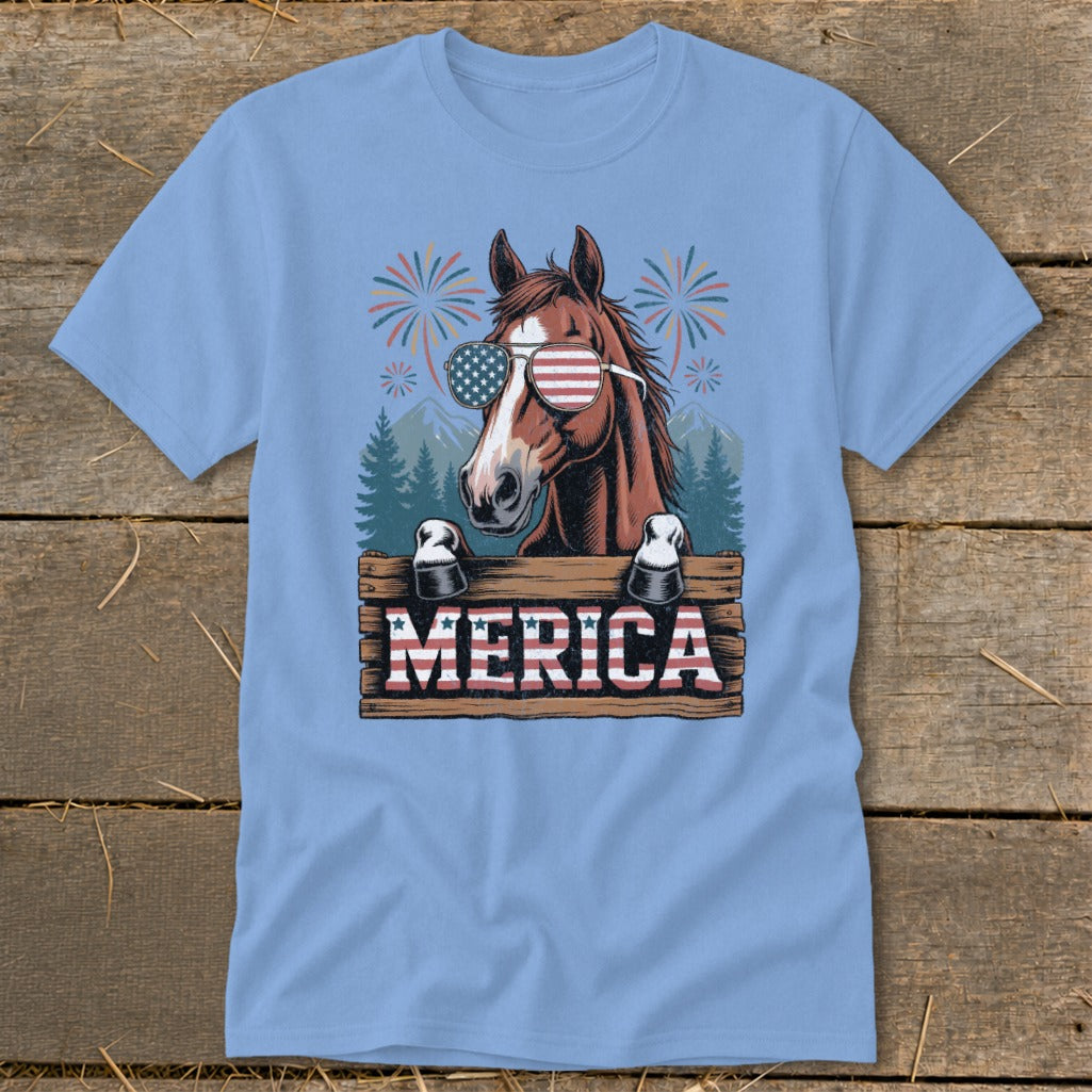 Horse wearing American flag sunglasses behind "MERICA" sign with fireworks.