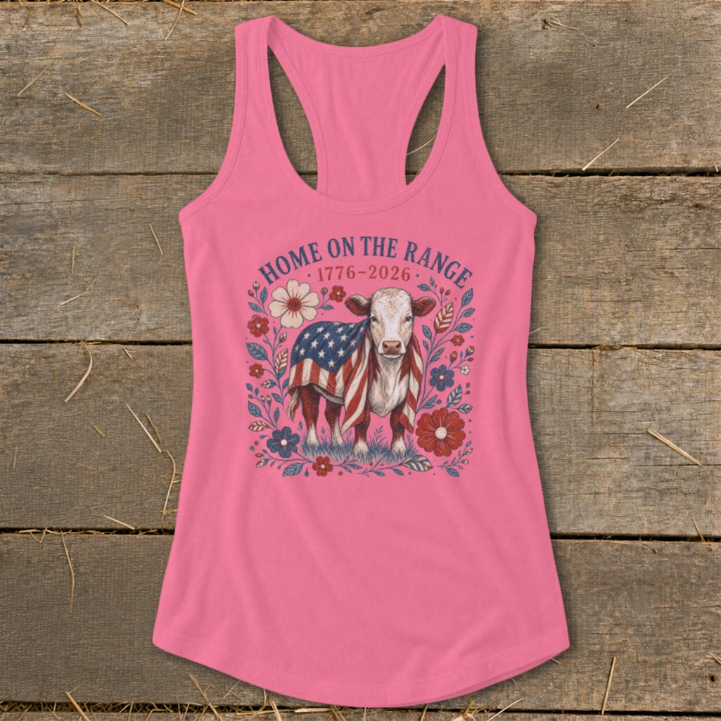 Pink tank top with a calf wearing an American flag, surrounded by flowers.