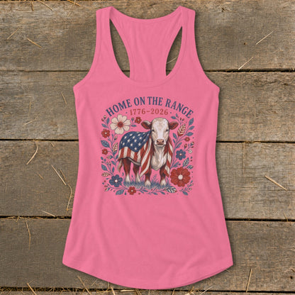 Pink tank top with a calf wearing an American flag, surrounded by flowers.