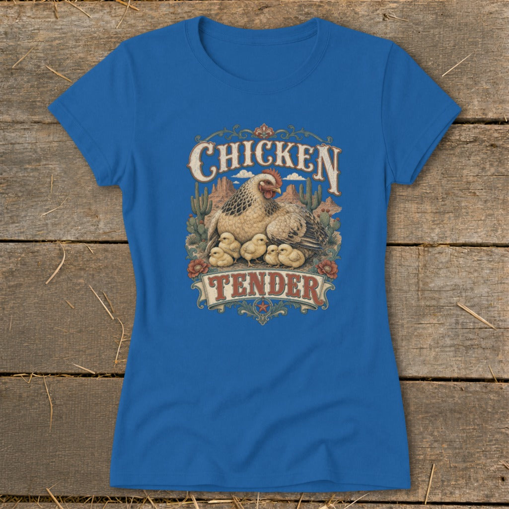Blue t-shirt with a distressed graphic of a hen and chicks, text reads "CHICKEN TENDER".