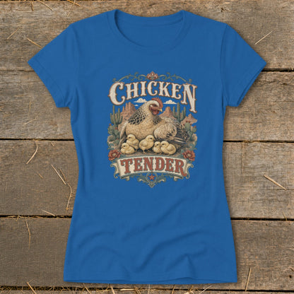 Blue t-shirt with a distressed graphic of a hen and chicks, text reads "CHICKEN TENDER".