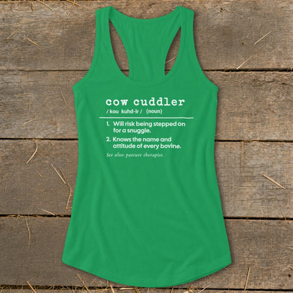 Green tank top with "cow cuddler" definition in white text.