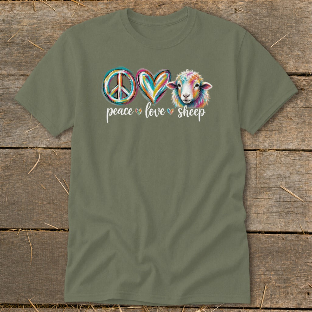 Green t-shirt with "peace love sheep" text and colorful peace sign, heart, and sheep graphic.