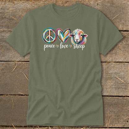 Green t-shirt with "peace love sheep" text and colorful peace sign, heart, and sheep graphic.