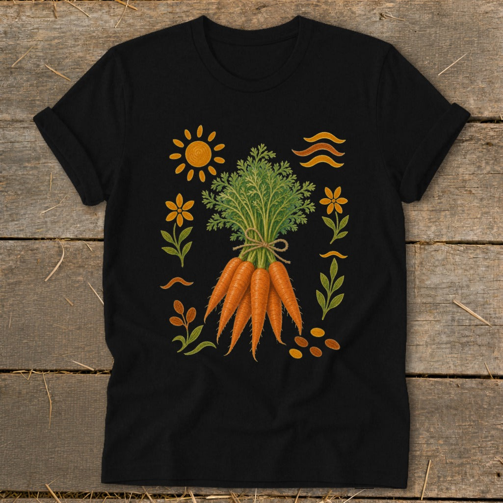 Black t-shirt with a bunch of carrots and a whimsical garden scene.