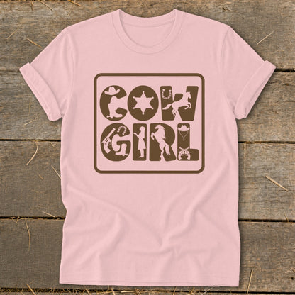 Pink t-shirt with "COWGIRL" text made of western icons.