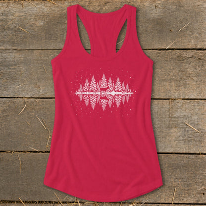 Red tank top with white graphic of a forest reflected in water with a deer.