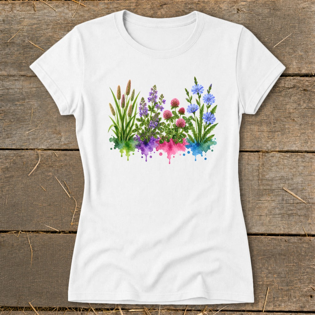 A white t-shirt featuring a watercolor graphic of colorful wildflowers resting on a rustic wooden background.
