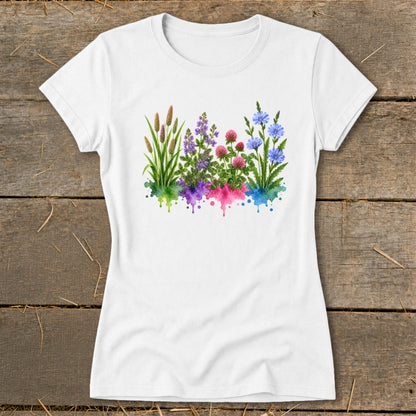 A white t-shirt featuring a watercolor graphic of colorful wildflowers resting on a rustic wooden background.